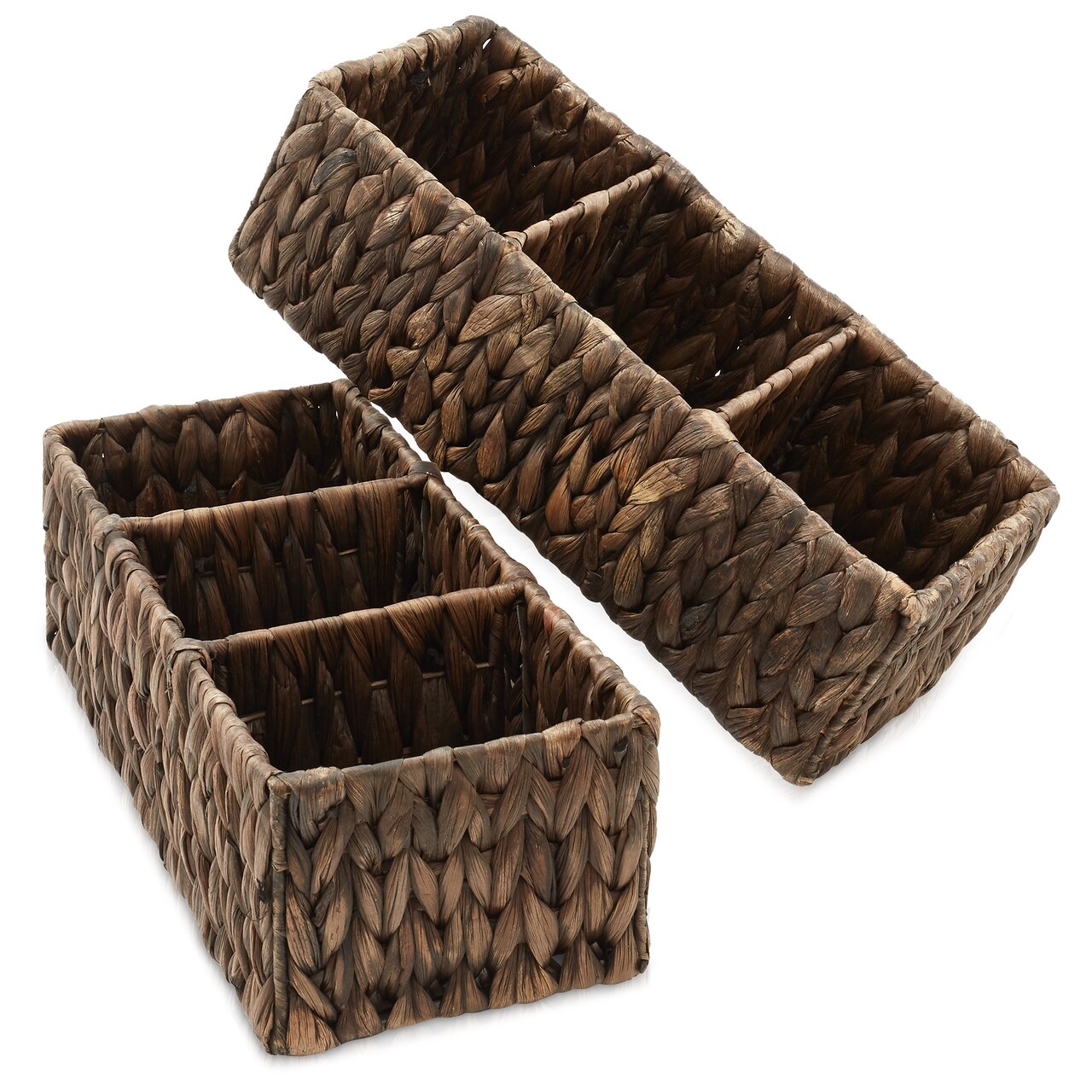 Casafield Set of 2 Water Hyacinth Divided Basket Organizers - Woven Bins for Bathroom, Bedroom, Laundry, Pantry, Shelves